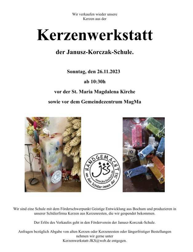 Kerzenverkauf aus der Kerzenwerkstatt der Janusz-Korczak-Schule am 26.11.23 vor St. Maria Magdalena