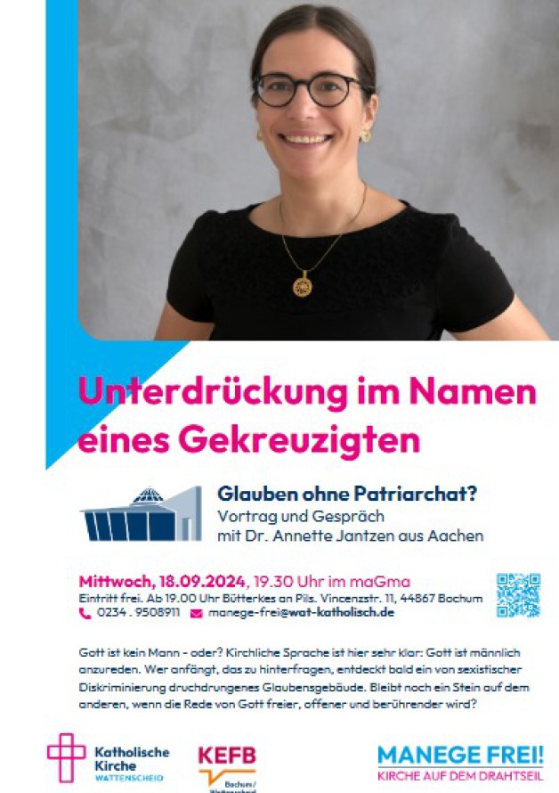 Vortrag und Gespräch mit Dr. Annette Jantzen aus Aachen Mittwoch, 18.9.2024, 19.30 Uhr im maGma (Vincenzstr. 13) Gott ist kein Mann – oder? Kirchliche Sprache ist hier sehr klar: Gott ist männlich anzureden. Wer anfängt, das zu hinterfragen, entdeckt bald ein von sexistischer Diskriminierung durchdrungenes Glaubensgebäude. Bleibt noch ein Stein auf dem anderen, wenn die Rede von Gott freier, offener und berührender wird? Vorher und zwischendurch: Lecker Bütterkes an Pils